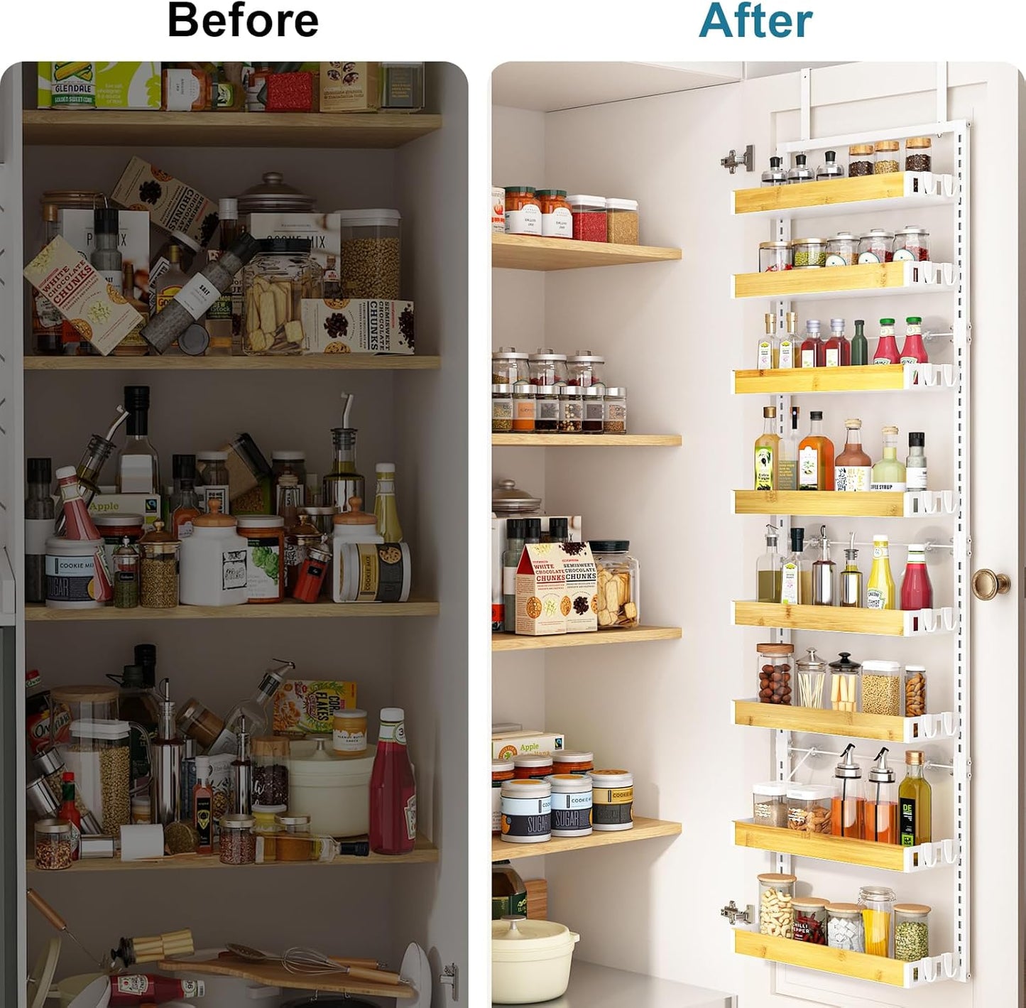 bukfen Over the Door Pantry Organizer 8-Tier Adjustable Basket Kitchen Pantry Door Organization and Storage, 2 in 1 Wall Mount or Hanging Heavy-Duty Metal Hanging Kitchen Spice Rack