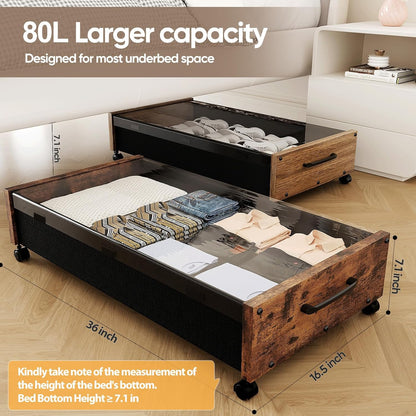 Wooden Under Bed Storage with Wheels, 80L Extra-large Rolling Under the Bed Storage Bins 2 Pack with Removable Lid, Upgrade Metal Under Bed Drawers for Clothes Shoes Blankets in Bedroom
