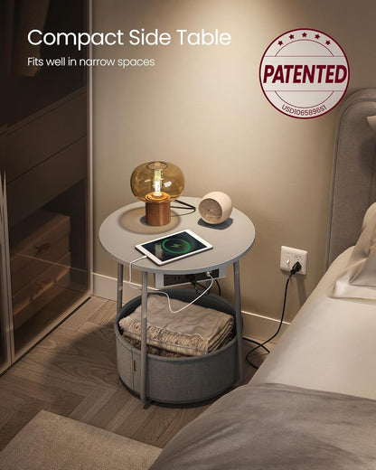 VASAGLE Side Table with Charging Station, Round End Table with Fabric Basket, Nightstand with Power Outlets, USB Ports, for Living Room, Bedroom, Modern, Dove Gray and Slate Gray ULET228G01