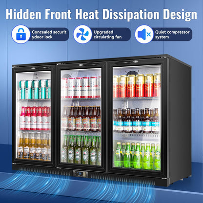Tylza Back Bar Cooler With 3 Glass Doors, 312L Under Counter Back Bar Refrigerator with LED Lighting, Safety Locks, Counter Height Bar Beverage Cooler for Beer, Soda Drinks, Wine, Black