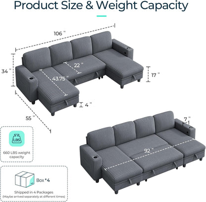 LINSY HOME Sectional Sleeper Sofa with Pull Out Couch Bed - Convertible Plush Corduroy Cloud Couch with Storage Chaise & USB Charging, Comfy U Shaped Modular Couches for Living Room, Grey