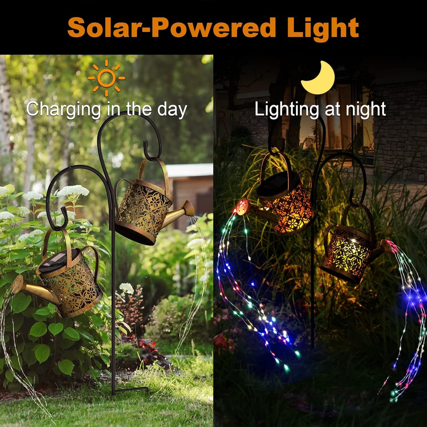 Merear Solar Watering Can Lights Outdoor with 8 Multi-Color Changing Modes, IP65 Waterproof Landscape Light Garden Decor, One Pole Two Lights Outside Decorations for Lawn, Backyard, Patio, Chrismas