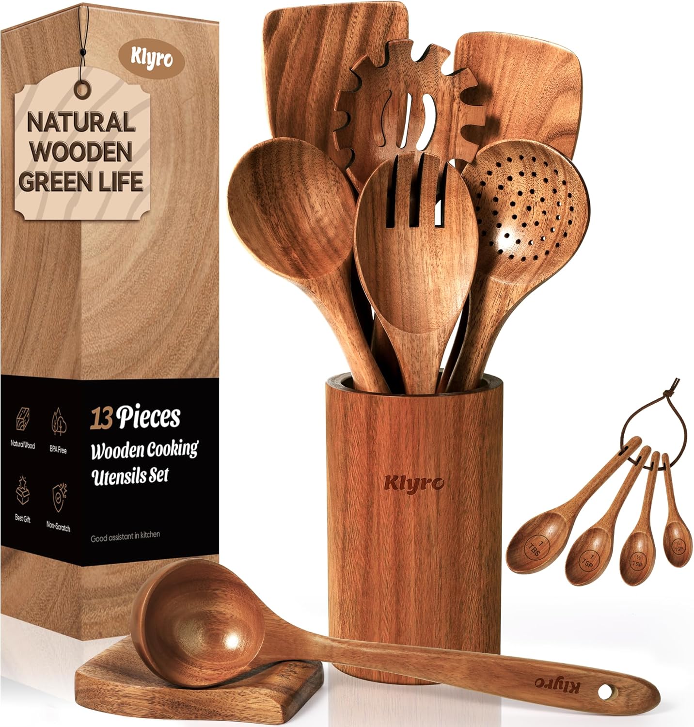 Wooden Spoons for Cooking, Nonstick Kitchen Utensils Set with 4 Piece Measuring Spoons, Comfort Grip Wooden Spatula Set, 9 Piece Teak Wooden Cooking Utensils with Holder and Spoon Rest