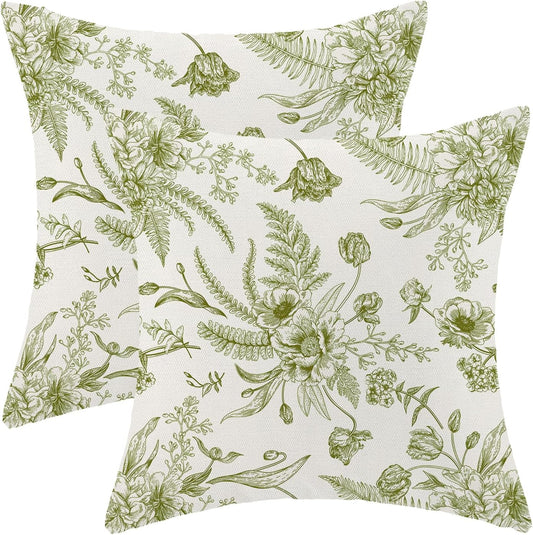 CXMEIFLY Sage Green Spring Pillow Covers 20 x 20 Inch Set of 2 for Chinoiserie Flowers Decor Throw Pillows Floral Leaves Seasonal Plant Outdoor Decorative Cushion Cases for Couch Bed Decorations
