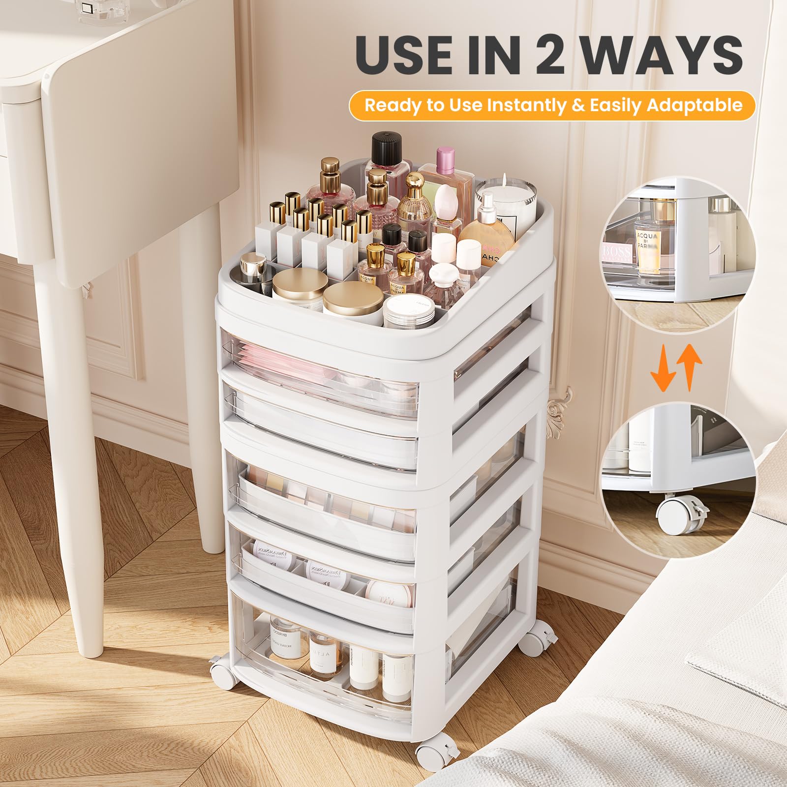 Rolling Cart with 5 Drawers, Clear Plastic Drawer Organizers, Vanity Cart