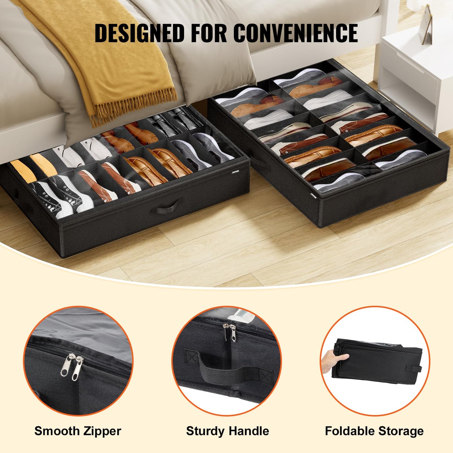 VEVOR Under Bed Shoe Storage Organizer, Set of 2, Total 32 Compartments, Underbed Shoes Closet