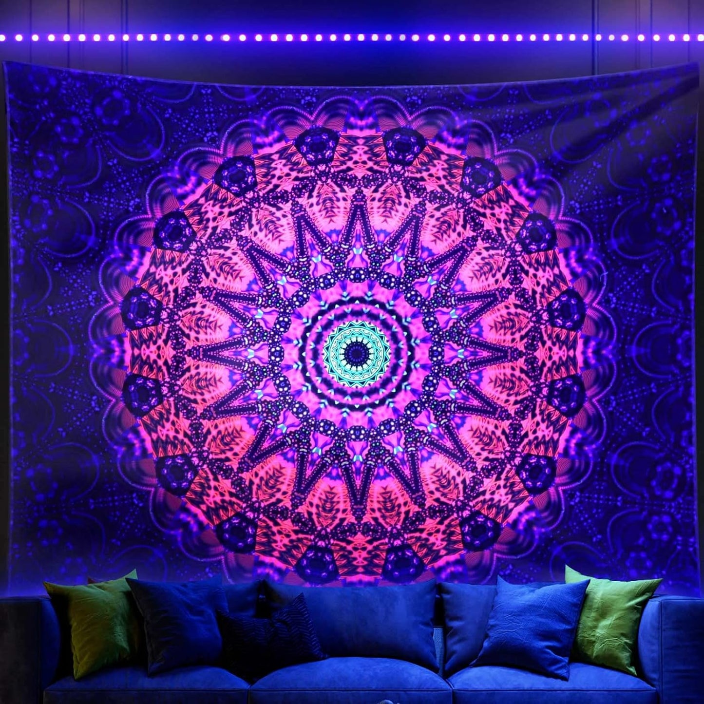 ADDWel Blacklight Mandala Boho Tapestry Glow In The Dark, Black Light Bohemian Hippie Poster Wall Hanging for Bedroom Aesthetic Wall and Room Decor (50" x 60", Mandala)