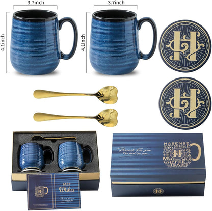 Hasense Coffee Mugs, 15 Ounce Porcelain Mugs Set of 2 with Handle for Morning Coffee Tea and Cocoa, Ceramic Coffee Cups Gift Box with Beautiful Glaze Coasters Spoons for Men and Women, Navy
