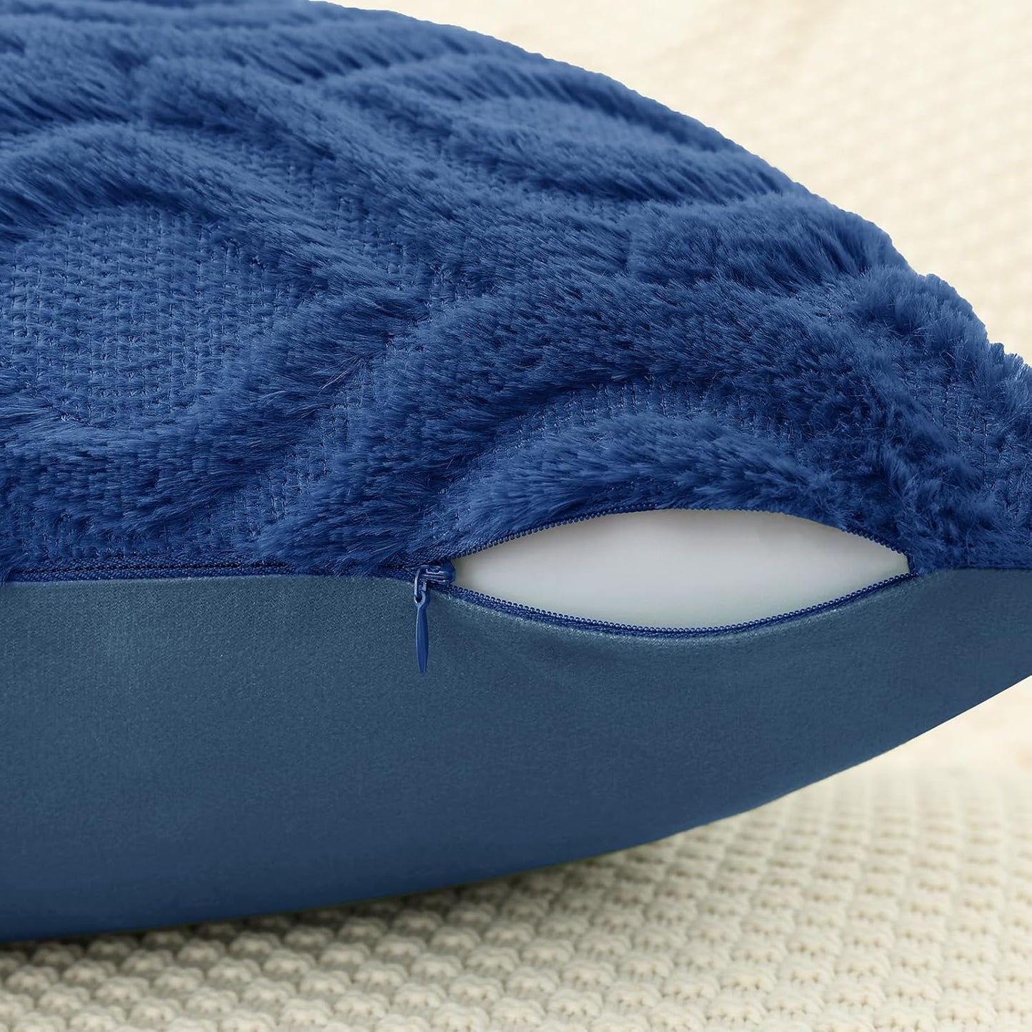 decorUhome Fall Throw Pillow Covers 22x22 Inch Set of 2, Soft Plush Decorative Faux Fur Dark Blue Solid Couch Pillow Covers, Accent Farmhouse Neutral Square Euro Pillow Cases for Sofa Bed Living Room