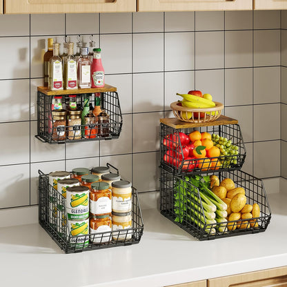 X-cosrack 2-Tier Stackable Wire Baskets for with Wood Lid, Wall Hanging Baskets for Potato and Onion Storage, Fruit Basket for Kitchen Counter, Metal Baskets for Snack Produce Cans