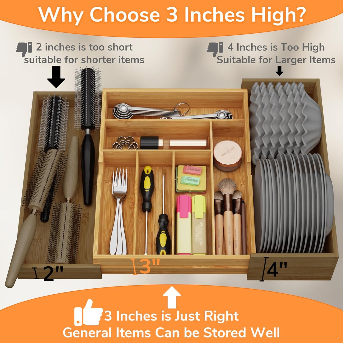 BAMEOS 3" Deepth Expandable Drawer Organizer, Deep Flatware Organizer, Adjustable Silverware Organizer, Bamboo Drawer Organizer for Kitchen, Bathroom (Natural)