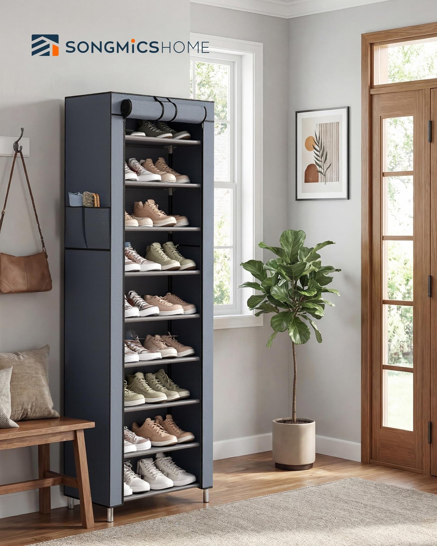 SONGMICS Home Shoe Rack 10-Tier, Tall Narrow Metal Shoe Organizer with Dust Cover, 11.2 x 19.1 x