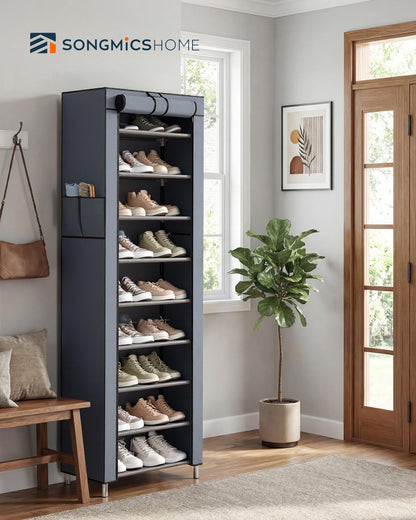 SONGMICS Home Shoe Rack 10-Tier, Tall Narrow Metal Shoe Organizer with Dust Cover, 11.2 x 19.1 x