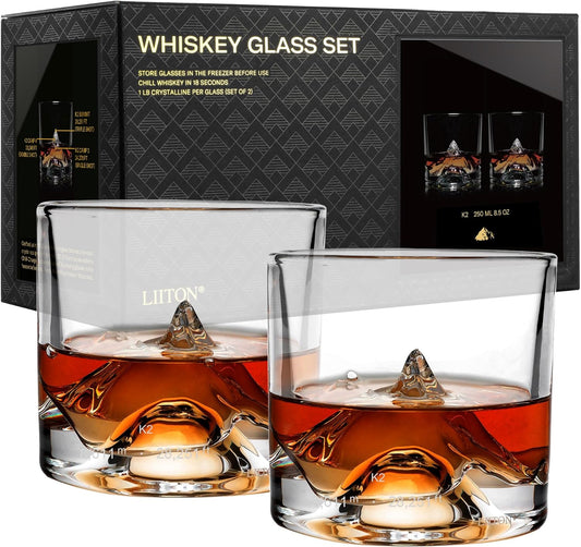 K2 Nepalese Heavy Crystal Whiskey Glasses Gift Set of 2, Thick Freezable Bourbon Glass 1lb Each