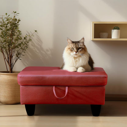 Ottoman Rectangular Storage Ottoman Bench, Faux Leather Footrest, Coffee Table, Stool Footstool with Hinged Lid for Living Room, Bedroom, Entryway, Red, 28.5"x19"x17.5"