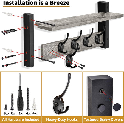 Sorbus Coat Hooks Wall Mount with Shelf – 16 Inch Coat Rack Wall Mount with 5 Heavy Duty Hooks – Floating Wall Shelf with Hooks for Entryway, Bathroom, Bedroom, Kitchen, or Mudroom (Gray)