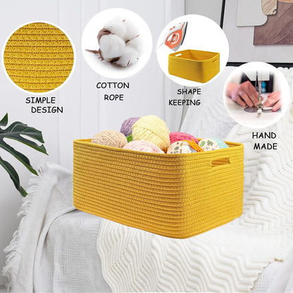 COMFY-HOMI Cotton Rope Woven Basket with Handles for Shelves,Toys,Book, Cloth Storage Baskets for Organizing-17" x 13" x 7.5" Toy Decorative Organizer for Living Room, Bathroom （Yellow）