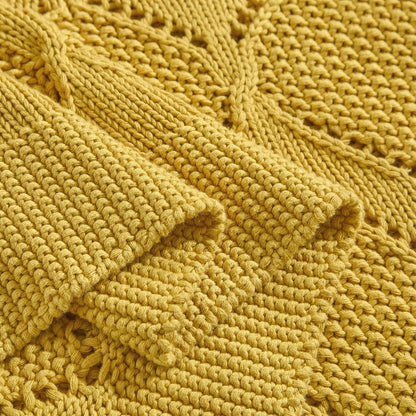 Longhui bedding Chunky Cotton Knit Throw Blanket for Couch, Sofa, Bed, or Chair, Decorative Breathable Fall Cable Knit Blanket 51 x 63 Inches, Medium Weight Mustard Yellow