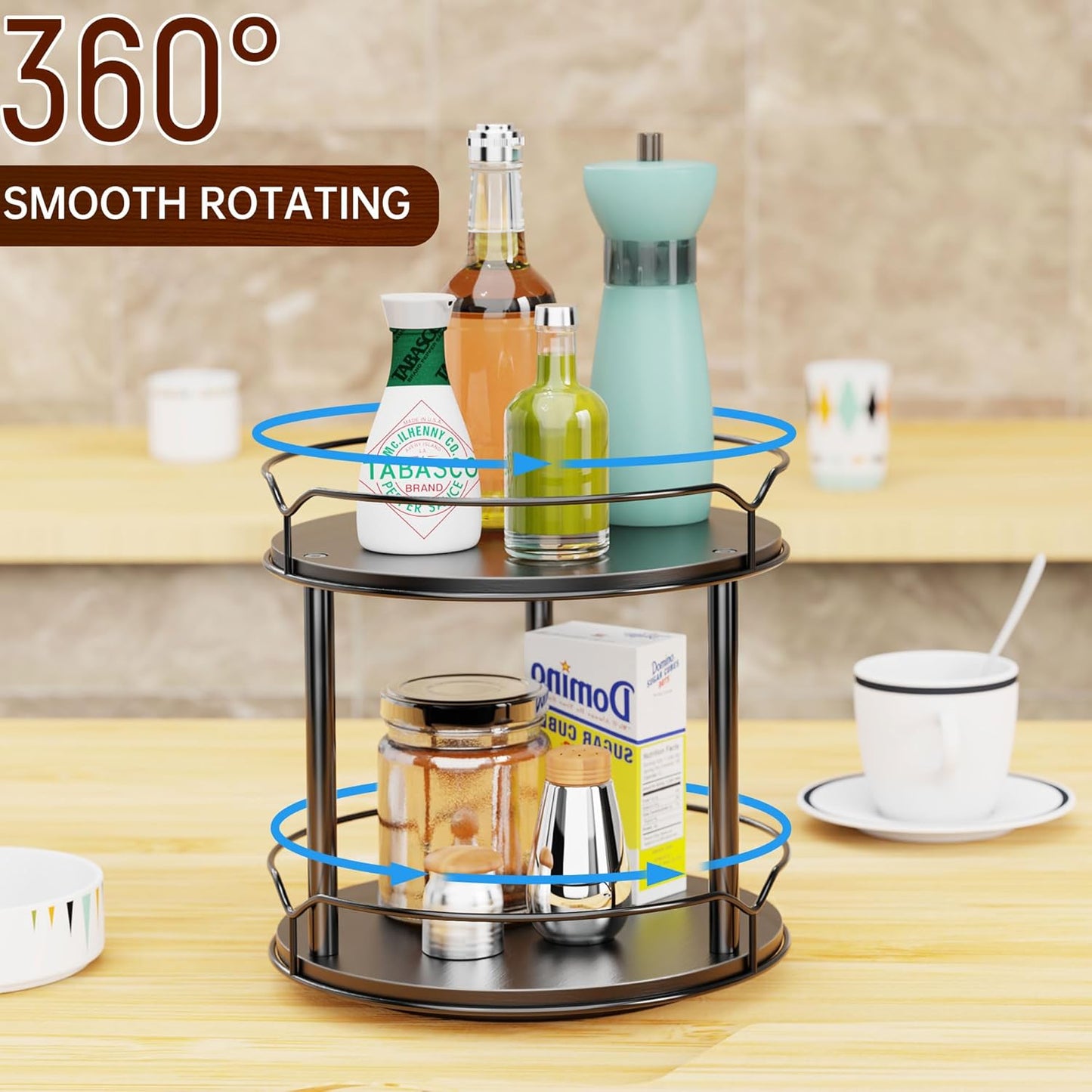 Lazy Susan Organizer 2 Tier - 9.2" Turntable Spice Rack for Table Top, Wooden Rotating Lazy Susan for Cabinet Pantry Kitchen Countertop Dining Table Cupboard Bathroom Vanity Storage(Black)