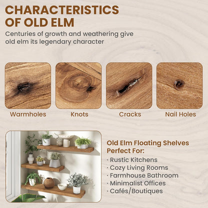 72" Floating Shelves for Wall, Rustic Elm Wood Floating Shelf for Home Decor, Wall-Mounted Display Shelves with Heavy-Duty Bracket, Long Floating Shelf for Bathroom, Kitchen, Natural Color