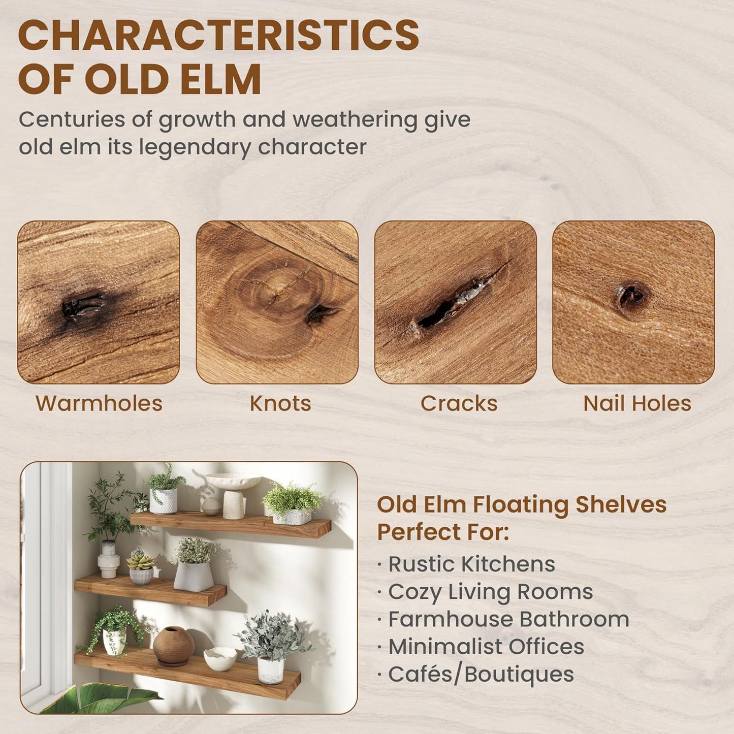 Rustic 30" Floating Shelves, Real Elm Wood Floating Shelf for Wall, Heavy-Duty Wall Shelves for Books, Wooden Floating Shelves with Invisible Bracket for Bathroom, Kitchen, Natural Color, Set of 2