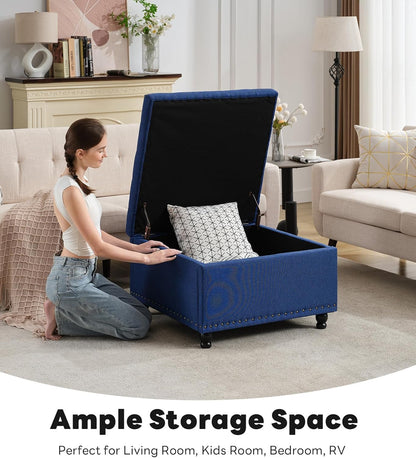 Tbfit Large Square Tufted Upholstered Ottoman and Coffee Table with Storage, Oversized Footrest Bench for Living Room Bedroom, Blue