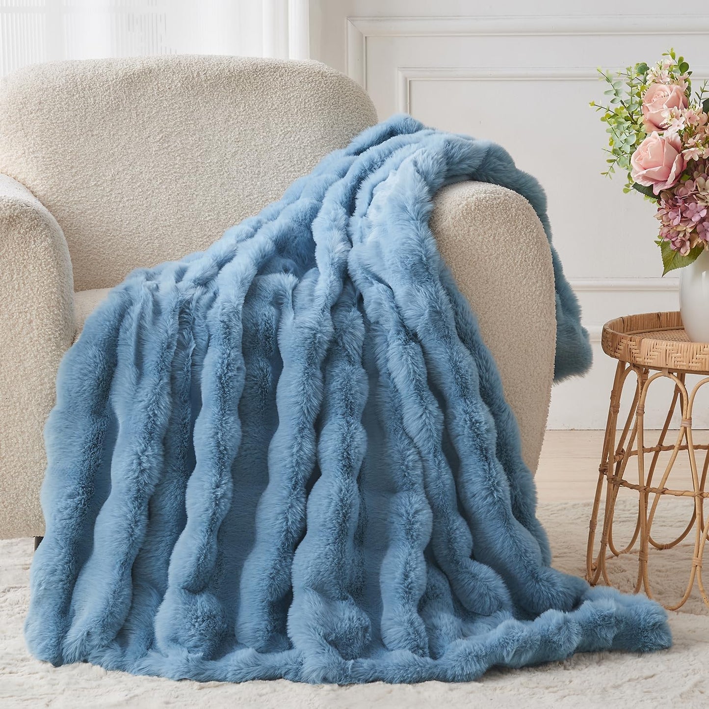 Lotus Karen Fuzzy Throw Blanket Blue - Big Bubble Faux Rabbit Fur Blanket for Couch,Softest Cozy Fluffy Blanket,Thick Furry Plush Shaggy Warm Blankets for Women,50x60 Inches