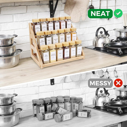 3-Tier Natural Bamboo Spice Rack Organizer - for Kitchen Cabinets, Countertops & Pantries - Space-Saving Tiered Shelf