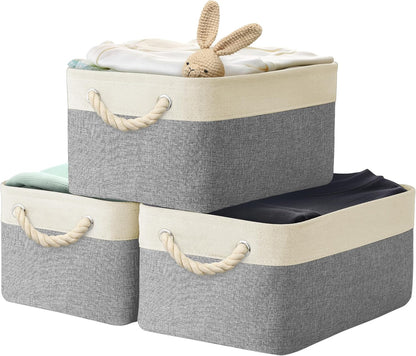 SIMPLE HOUSEWARE Large Fabric Storage Bin, 15.7" x 12" with Braided Handles, 3 Pack, Gray