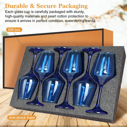 Blue Wine Glasses Set of 6-14oz Blue Long Stem Wine Glass, Pretty Crystal Glassware, Hand Blown Goblets Drinkware, Unique Stemware Wine Glass Holiday Gift Set