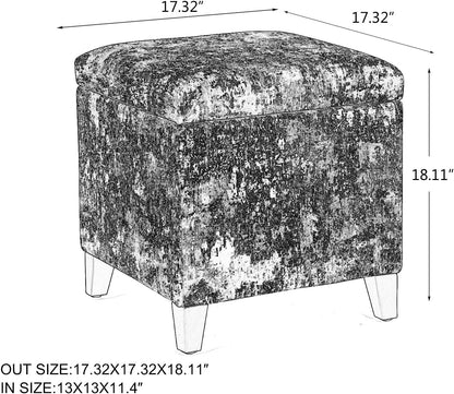 Adeco 18 Inch High Cube Ottoman Storage, Linen Chair Foot Stools, Upholstered Vanity Stool with Hinged Lid, Solid Wood Legs