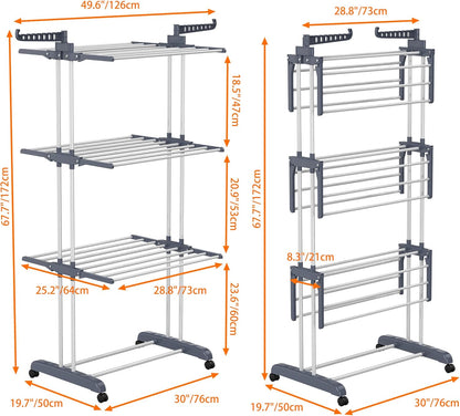 HOMIDEC Clothes Drying Rack, Oversized 4-Tier(67.7" High) Foldable Stainless Steel Drying Rack Clothing, Movable Drying Rack with 4 castors, 24 Drying Poles and 14 Hooks for Bed Linen, Clothing, Grey