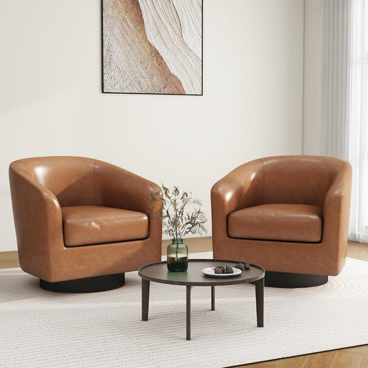 Swivel Barrel Accent Chair, Modern Round Faux Leather Arm Chair for Living Room, Bedroom, Comfy