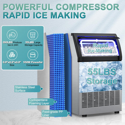 Commercial Ice Maker 260Lbs/24H, Ice Machine 72pcs Ice Cubes, Freestanding Ice Maker Machine with Water Line and Filter, 55Lbs Storage Ice Bin, Stainless Steel Undercounter Ice Maker for Home,Shop,Bar