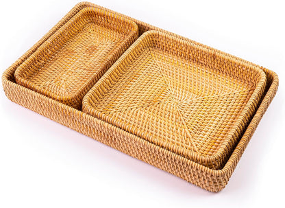 Handmade Rattan Serving Trays, Set of 3, Woven Rectangular Storage Baskets