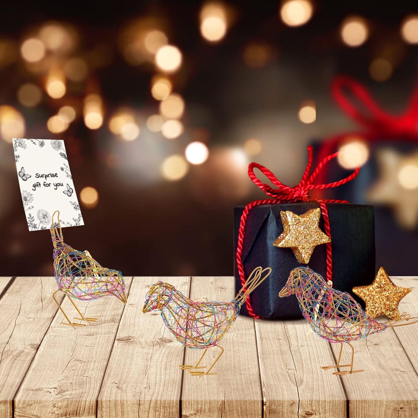 Modern Table Decor Set of 3 - Handmade Metal Bird Sculptures with Colorful Wire Weaving, Multi-Pose Rustic Home Accent & Christmas Tree Ornaments