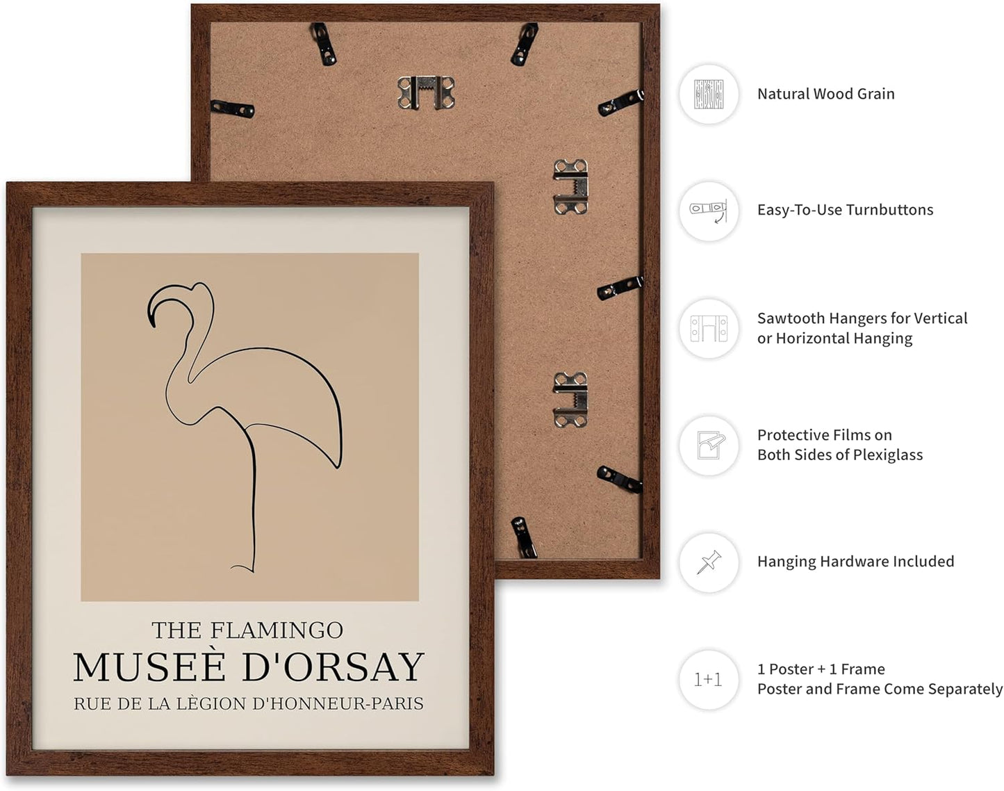 Poster Master Vintage Poster - Retro Minimalist Print - Gift for Artist, Housewarming - Flamingo, Line Drawing, Sketch, Abstract - Wall Decor for Living Room, Bedroom, 11x14 Brown Framed