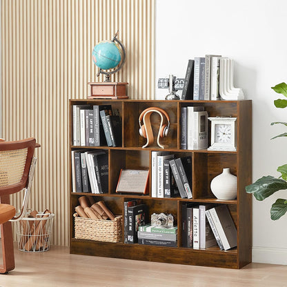 LEYAOYAO 10 Cube Bookshelf with Base,3 Tier Mid-Century Modern Grey Bookcase,Standing Wide Bookshelves Storage Organizer Shelf,Rustic Wood Display Cabinet Book Shelves for Bedroom,Living Room,Office