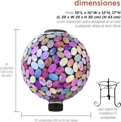 Alpine Corporation Outdoor Solar Powered Pink Glass Mosaic Gazing Globe with LED Lights and Metal Stand, Violet
