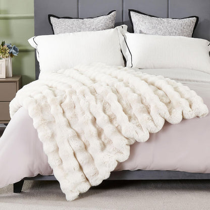 DREAMNINE Decorative Soft Bubble Fuzzy Faux Rabbit Fur Throw Blanket for Couch 50" x 60",Reversible Thick Plush Warm Fluffy Blankets for Winter, Luxury Cute Cozy Comfy Shaggy Furry Blanket,Cream White