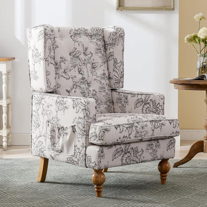 DUOMAY Tufted Accent Chair, Modern Linen Upholstered Wingback Side Arm Chair for Living Room Bedroom with Wood Legs, Comfy Reading Guest Chair for Office, Beige Flower Pattern