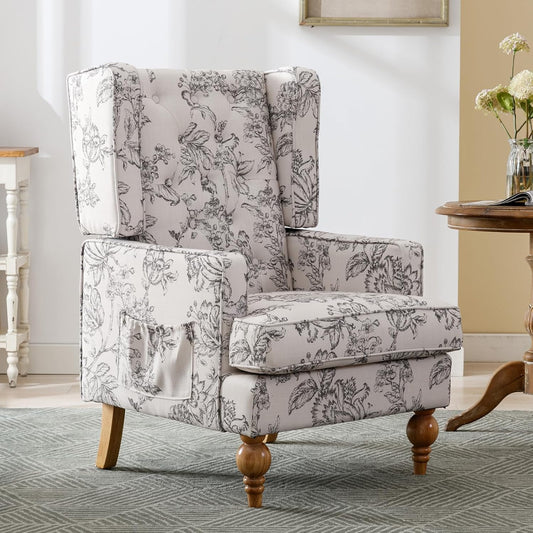 DUOMAY Tufted Accent Chair, Modern Linen Upholstered Wingback Side Arm Chair for Living Room Bedroom with Wood Legs, Comfy Reading Guest Chair for Office, Beige Flower Pattern