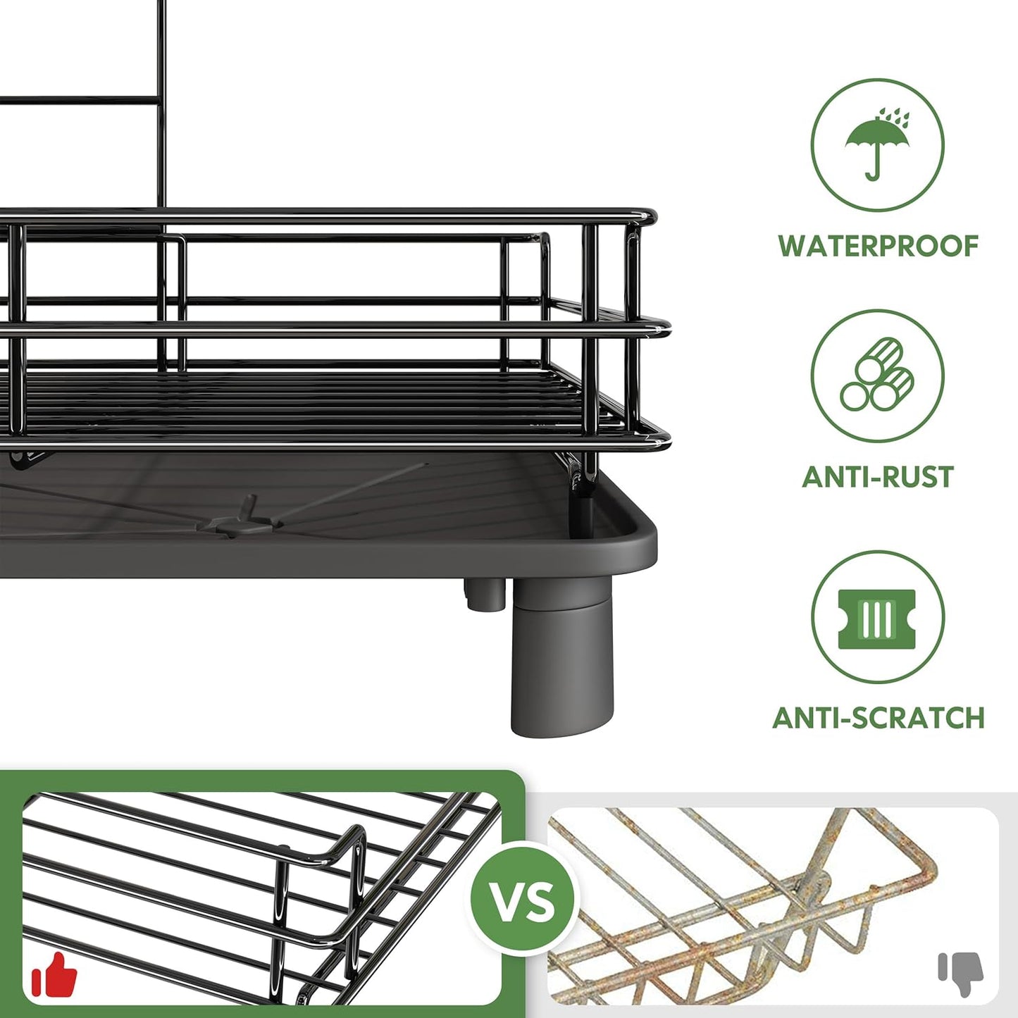 2 Tier Black Large Stainless Steel Dish Drainers Drying Rack for Kitchen Counter with Drainboard, Rust Proof Metal, Space Saving, Modern Aesthetic, Compact Plates Strainers with Extra Mat