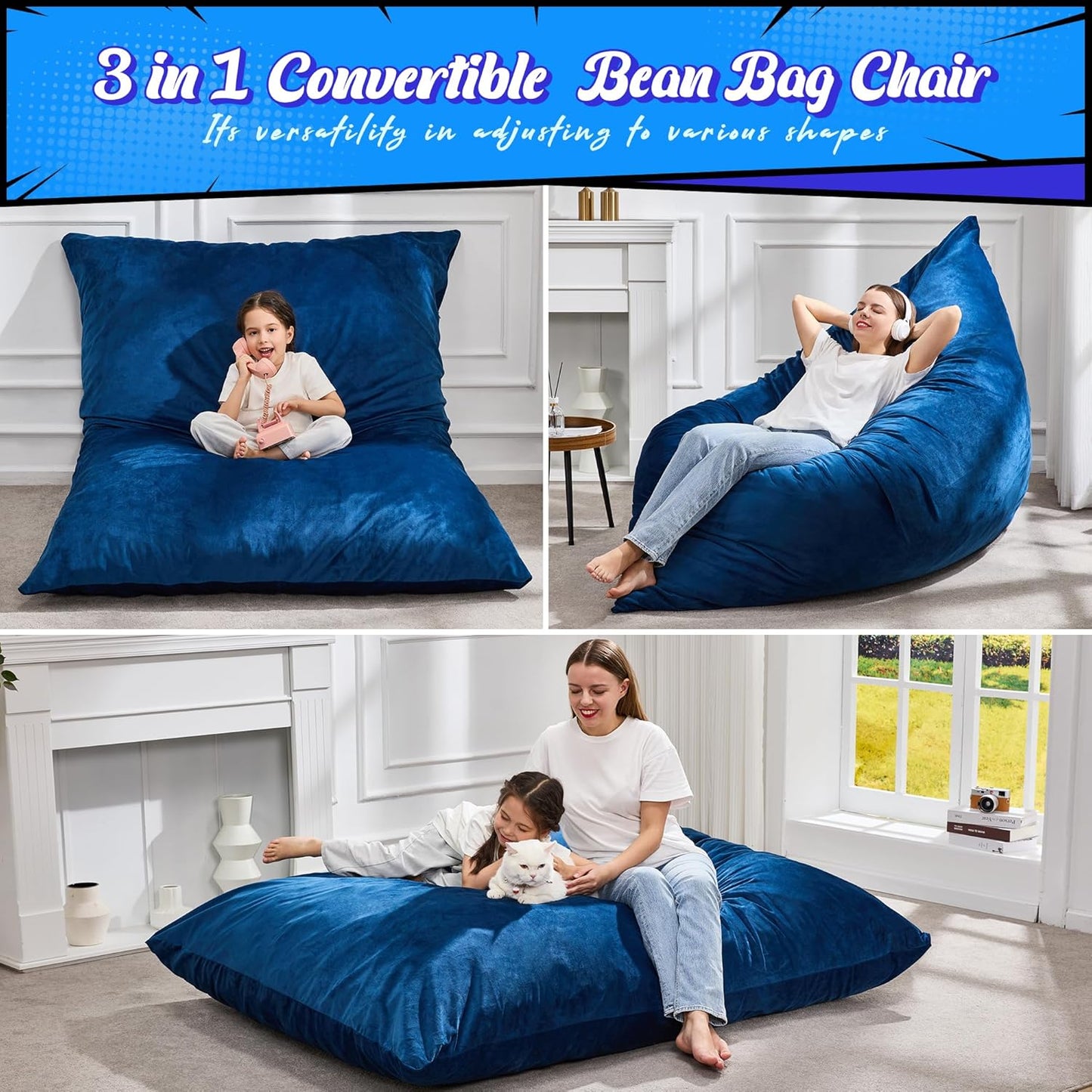 Hobestluk 3 in 1 Bean Bag Chair Giant Bean Bag Chairs for Adults with Velvet Cover Convertible Bean Bag Floor Cushion with Machine Washable Cover for Living Room (Velvet Blue)