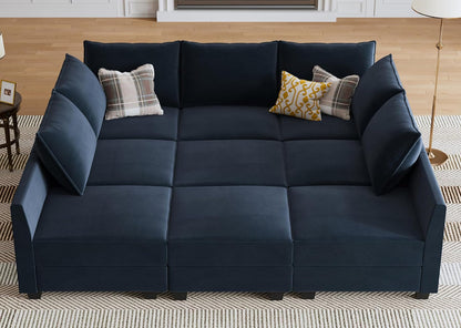 HONBAY Sectional Sleeper Sofa Velvet Sectional Sleeper Couch with Storage Modular Sleeper Sectional Sofa Couch for Living Room,Dark Blue