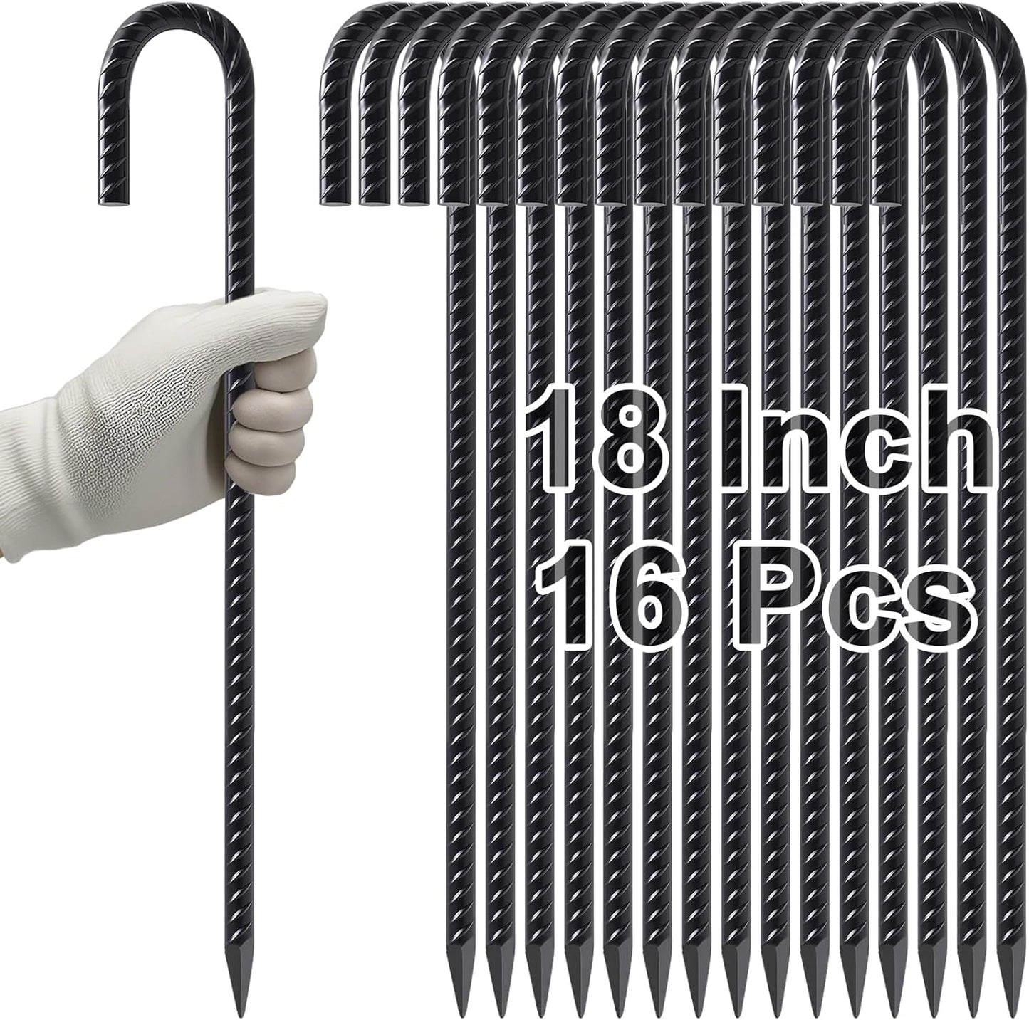 VVOKGO Rebar Stakes 18 Inch J Hook Heavy Duty Ground Anchors (16-Pack), 3/8" Diameter Metal Steel Extra Long Fence Stakes with Chisel Point End for Greenhouse, Gazebo, Carport, Camping Tents, Black