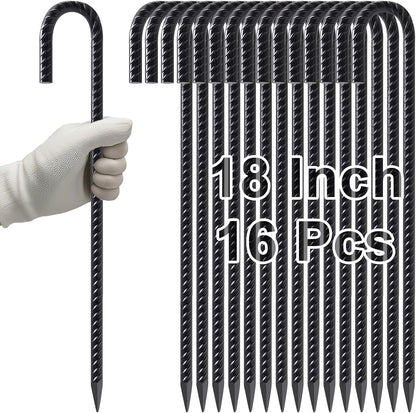 VVOKGO Rebar Stakes 18 Inch J Hook Heavy Duty Ground Anchors (16-Pack), 3/8" Diameter Metal Steel Extra Long Fence Stakes with Chisel Point End for Greenhouse, Gazebo, Carport, Camping Tents, Black