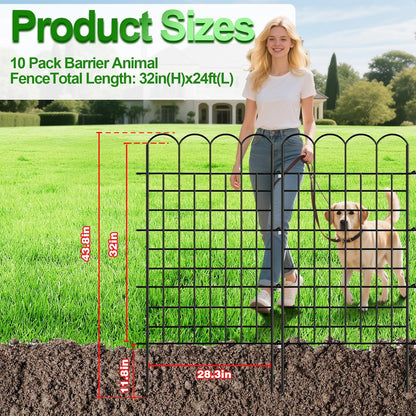10 Panels Garden Fence Dog Fence Outdoor for Yard, 32 in (H) x 24 ft (L) Rustproof No Dig Decorative Tall Fencing Border for Dog, Rabbits, Patio Temporary Ground Stakes and Flower Vegetable Flower Bed