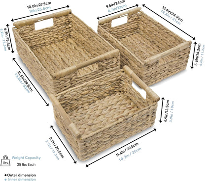 VATIMA Hyacinth Wicker Basket Set 3 size - Rectangular, Wooden Handles, Shelf Organizer, Natural Bins