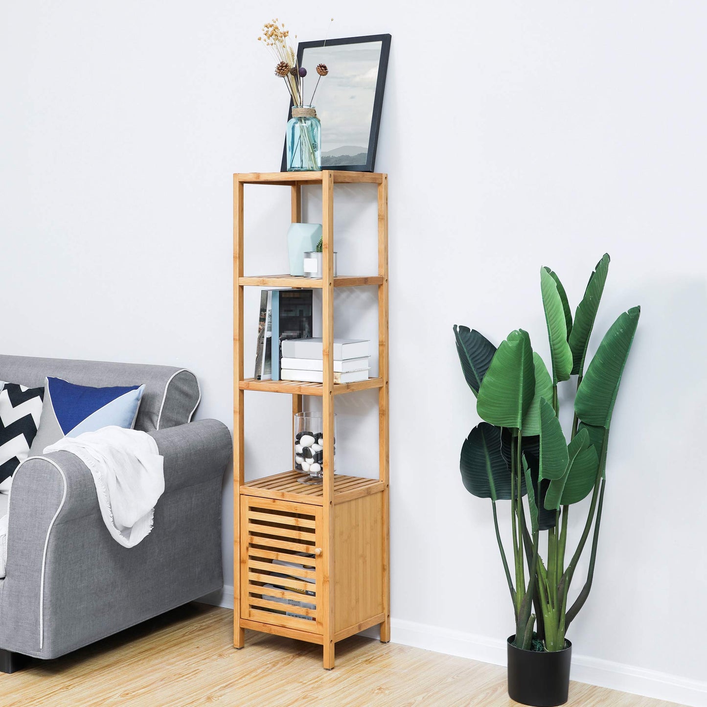 SONGMICS Bamboo Bathroom Storage Floor Cabinet, 4 Tiers Multifunctional Floor Shelving Unit, Free